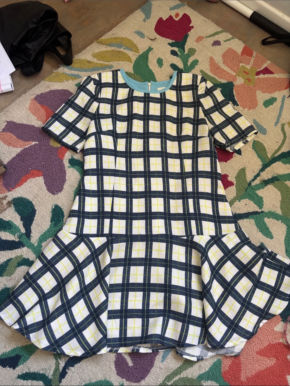 Blue and Cream Plaid Short Sleeve drop waist Mini Dress with Yellow Accents